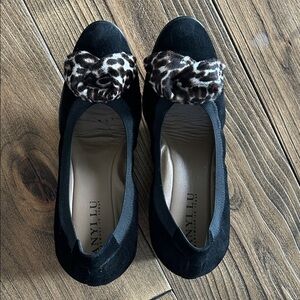 Anyi Lu Black Wedges with Leopard Accent